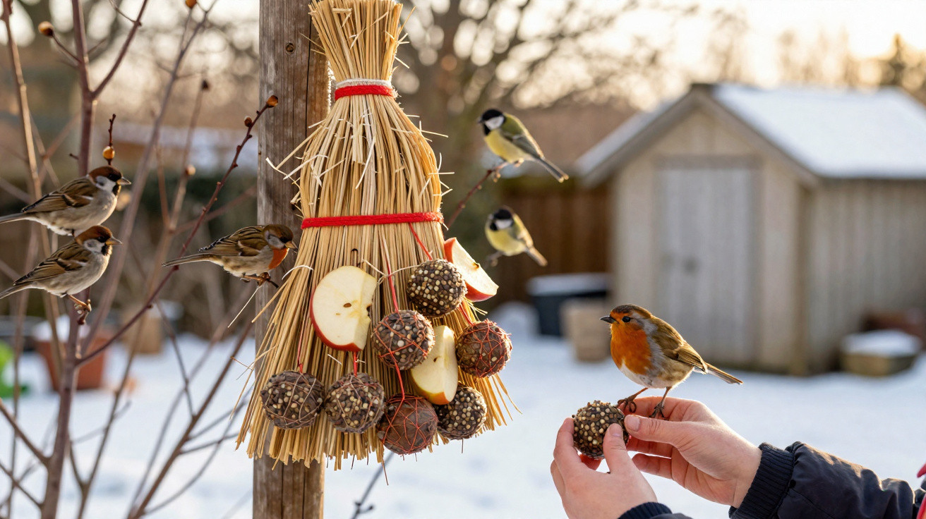 Pássaros alimentando-se de bolas de sementes e fatias de maçã penduradas em feixe de palha no inverno.