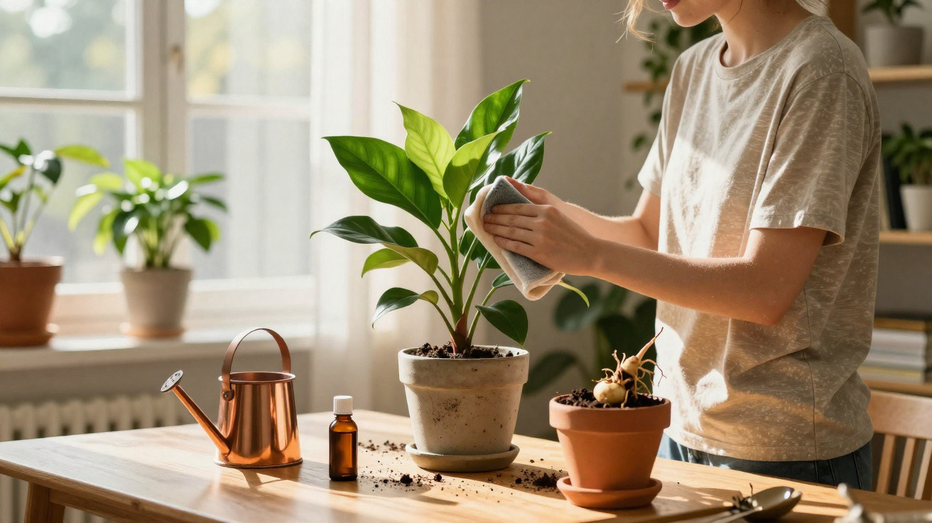 Pessoa limpando folhas de plantas em vasos sobre mesa perto da janela com regador e frasco pequeno.