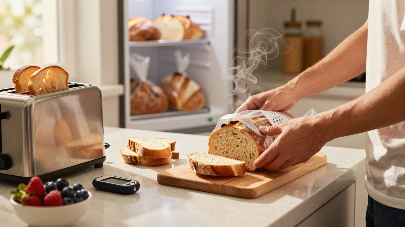 Pessoa pegando pão quente recém-tirado da embalagem em cozinha com torradeira, frutas e geladeira ao fundo.