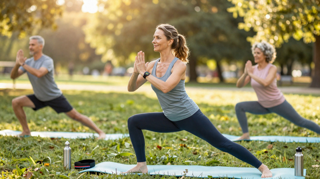 Grupo de pessoas praticando yoga ao ar livre em parque ensolarado, foco em mulher ao centro.