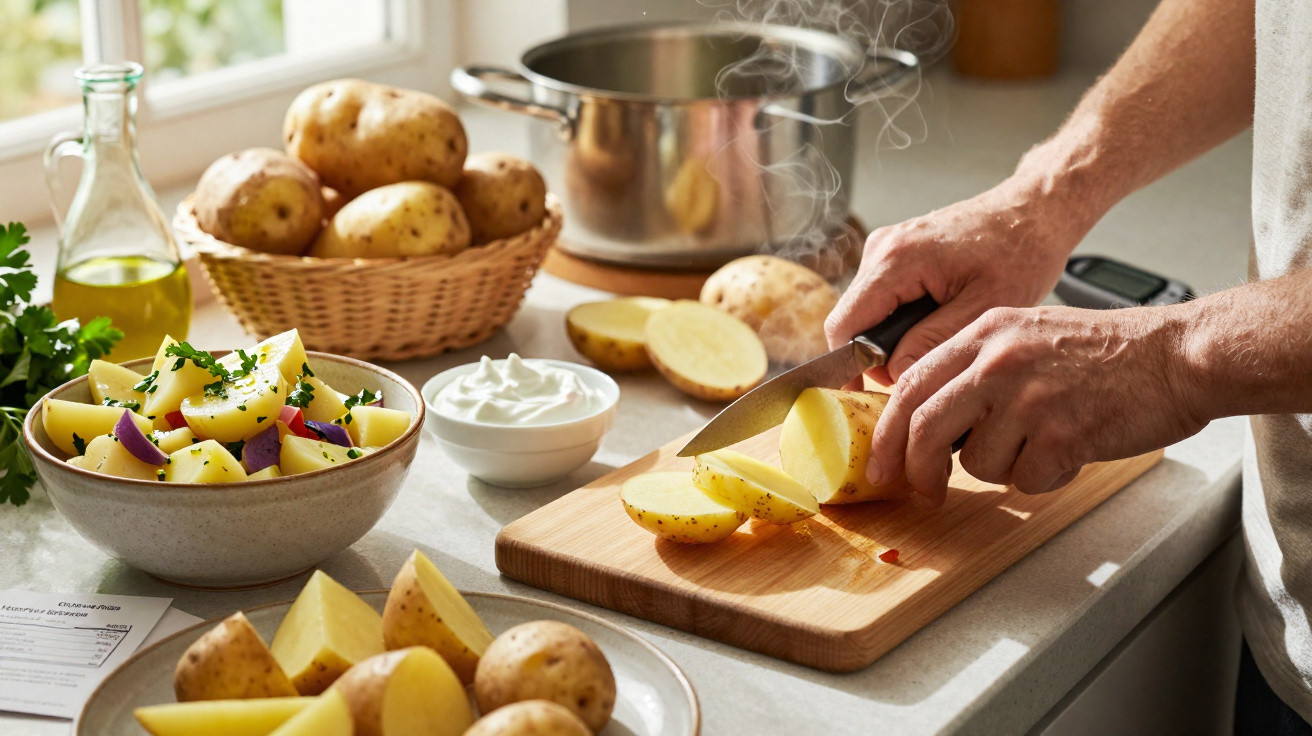 Pessoa cortando batatas frescas em tábua na cozinha, com salada e batatas cozidas ao redor.