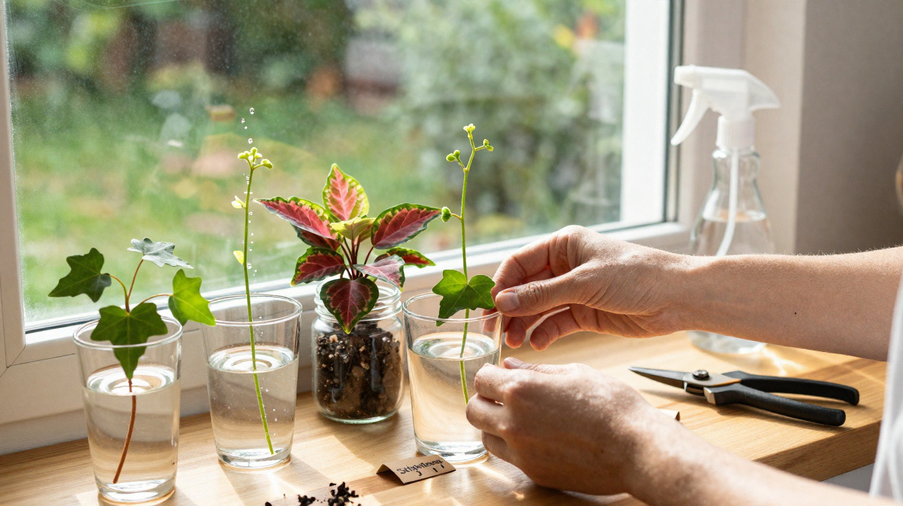 Mãos cuidando de mudas em copos com água e planta em vaso, sobre bancada perto da janela.