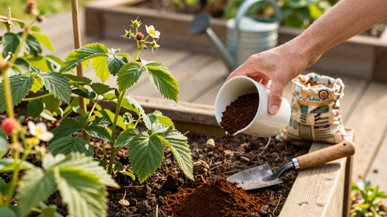 Pessoa espalhando borra de café em canteiro com plantas e flores brancas para adubo orgânico.