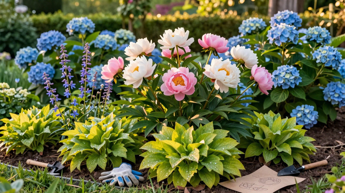 Jardim com flores coloridas, luvas de jardinagem e ferramentas em solo úmido com luz do sol ao fundo.
