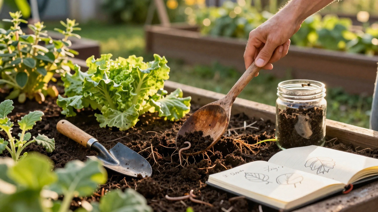 Pessoa jardinando com pá e colher de madeira, mexendo terra com minhocas próximo a caderno de desenhos.