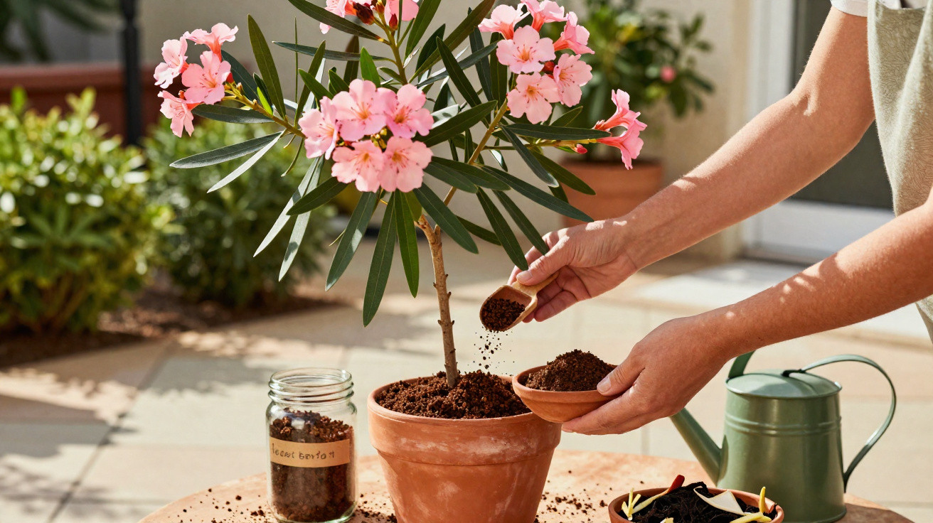 Pessoa adubando planta florida rosa em vaso de barro em área externa ensolarada.