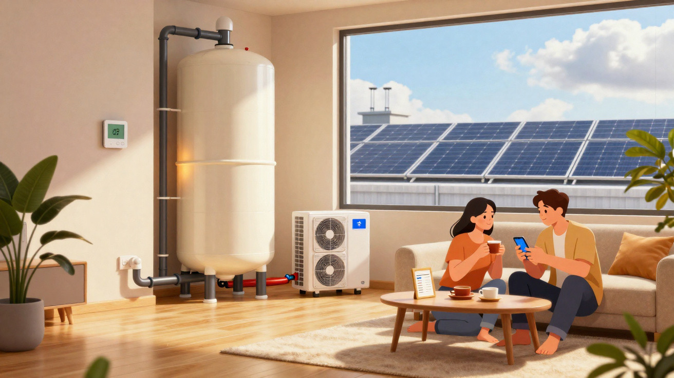 Casal sentado no chão da sala, aquecedor e painel solar visível pela janela ao fundo.