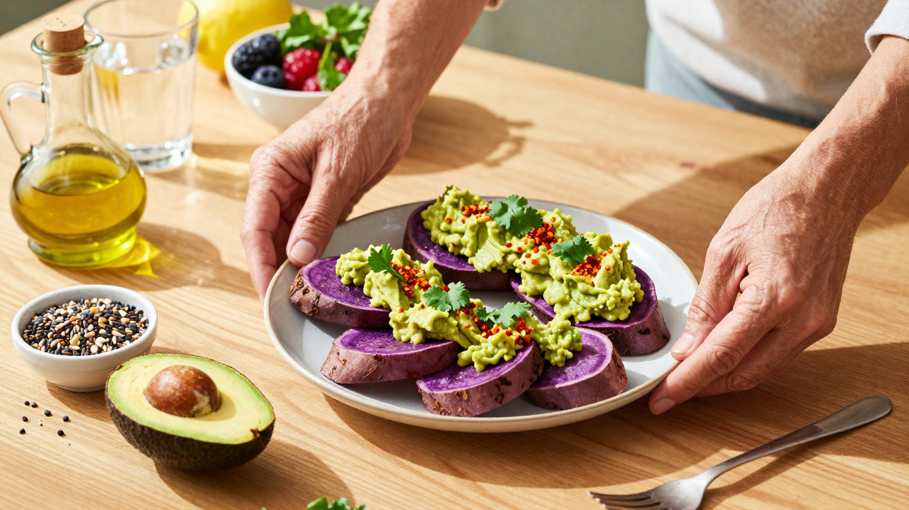 Mãos seguram prato com batatas roxas fatiadas cobertas por guacamole e ervas, ao lado de abacate, sementes e azeite.
