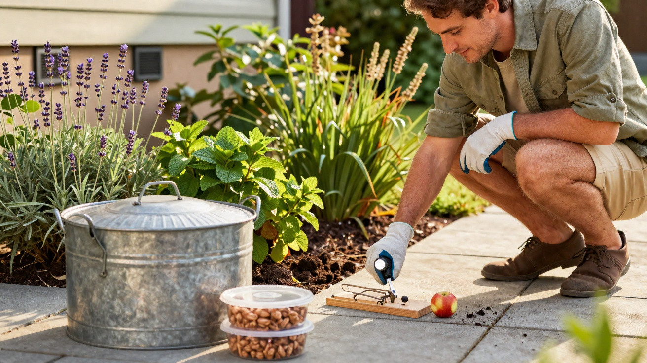 Homem usando luvas aplicando isca em armadilha para ratos em jardim com plantas e fruteira.