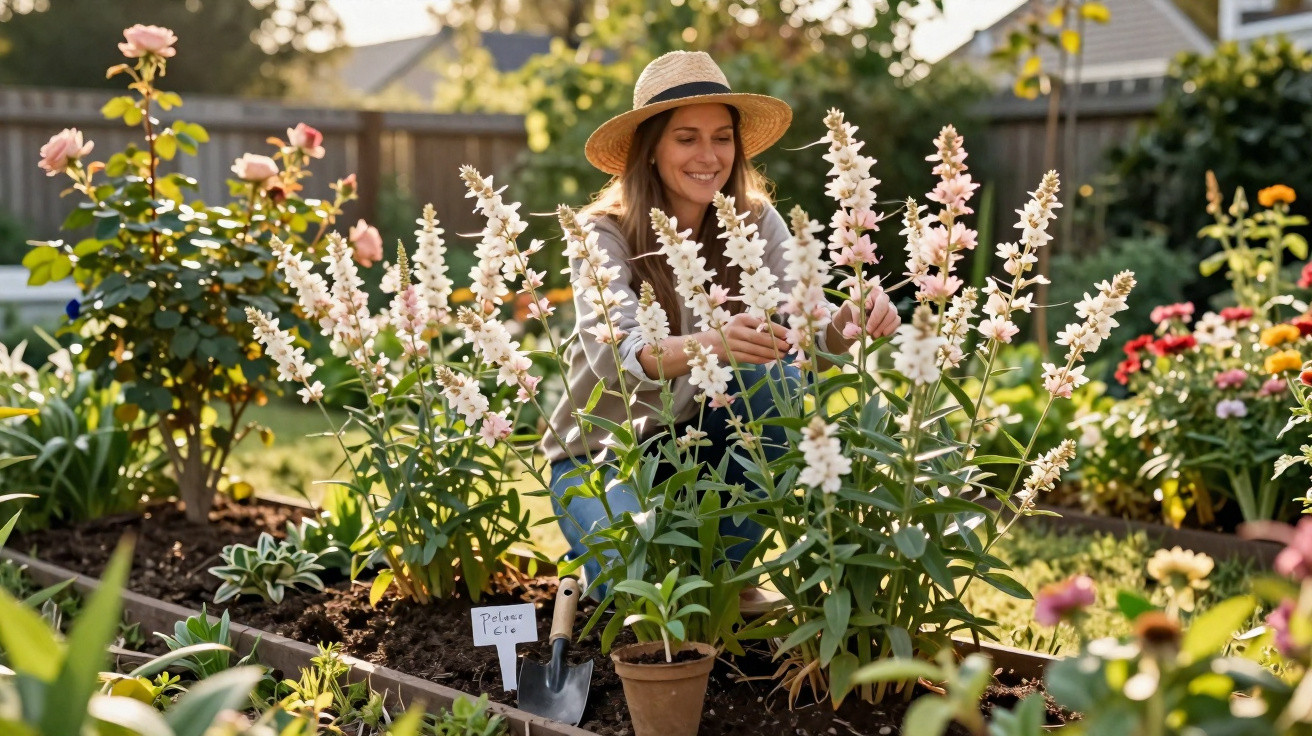 Mulher sorridente cuidando de flores brancas em canteiro de jardim ao ar livre, usando chapéu e roupas casuais.