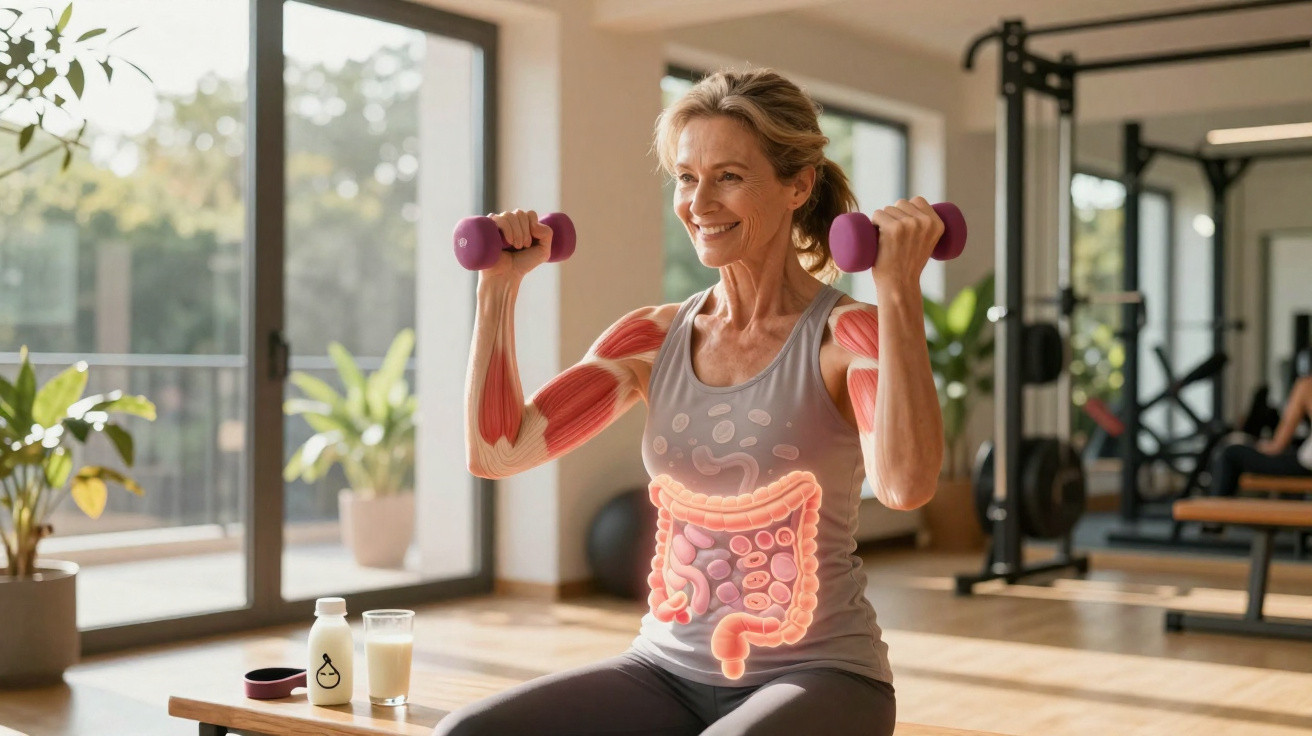 Mulher sorrindo faz exercício com halteres, mostrando músculos e sistema digestivo em destaque no corpo.