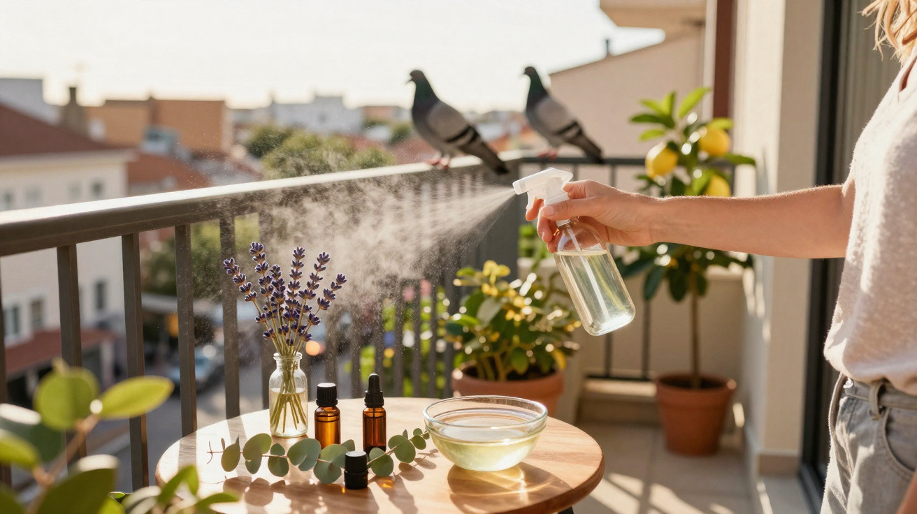 Pessoa borrifando água em ramo de lavanda em varanda com plantas e frascos de óleo essencial.
