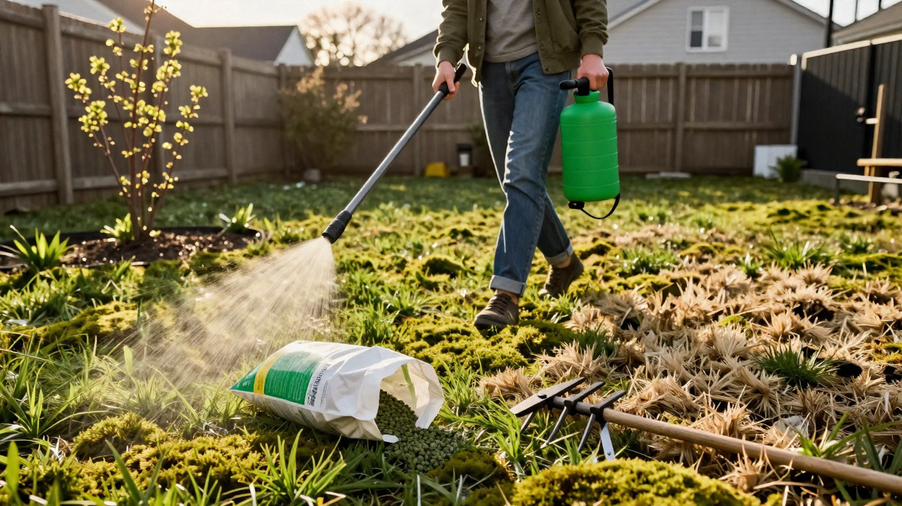 Pessoa pulverizando plantas em jardim residencial com pulverizador verde e saco de fertilizante aberto no chão.