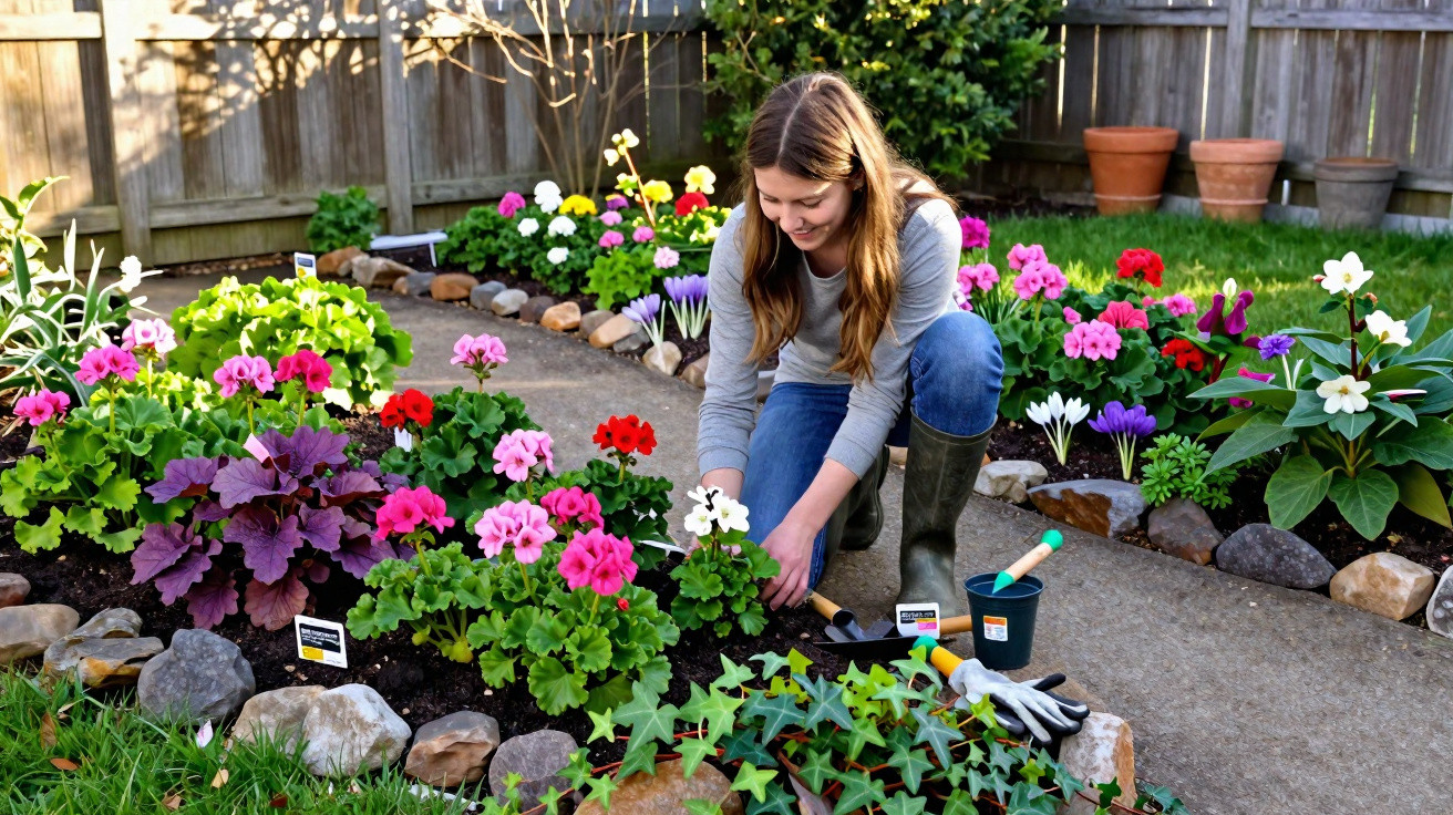 Mulher cuidando do jardim com flores coloridas em canteiros delimitados por pedras.