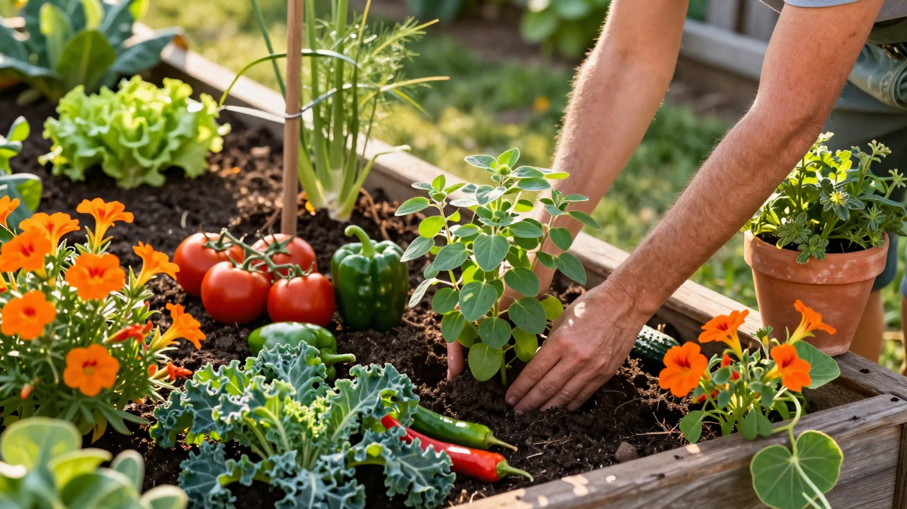 Pessoa plantando ervas em canteiro com tomates, pimentão, folhas verdes e flores laranja em jardim.