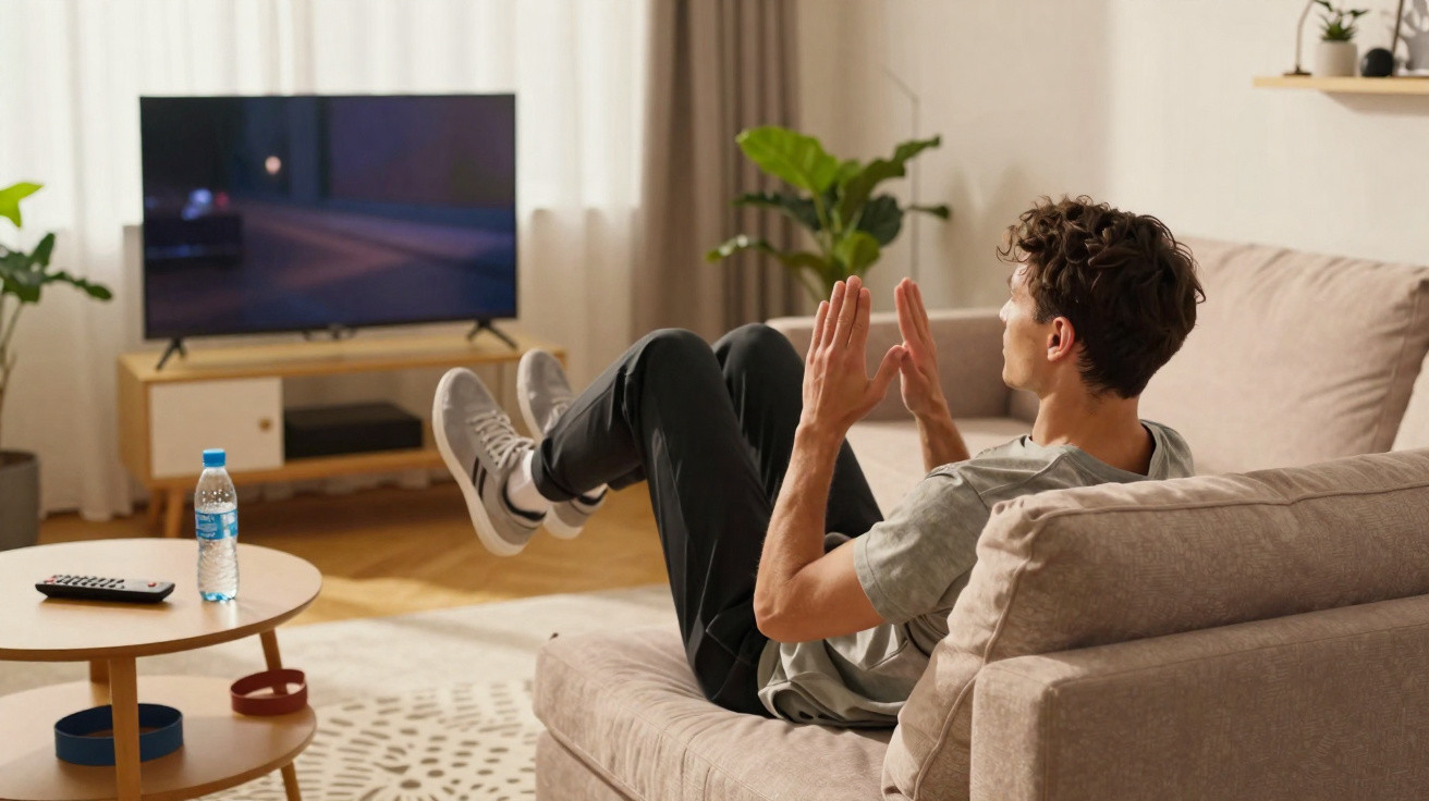 Jovem faz exercício abdominal no sofá em sala iluminada com TV e mesa de centro com garrafa de água.