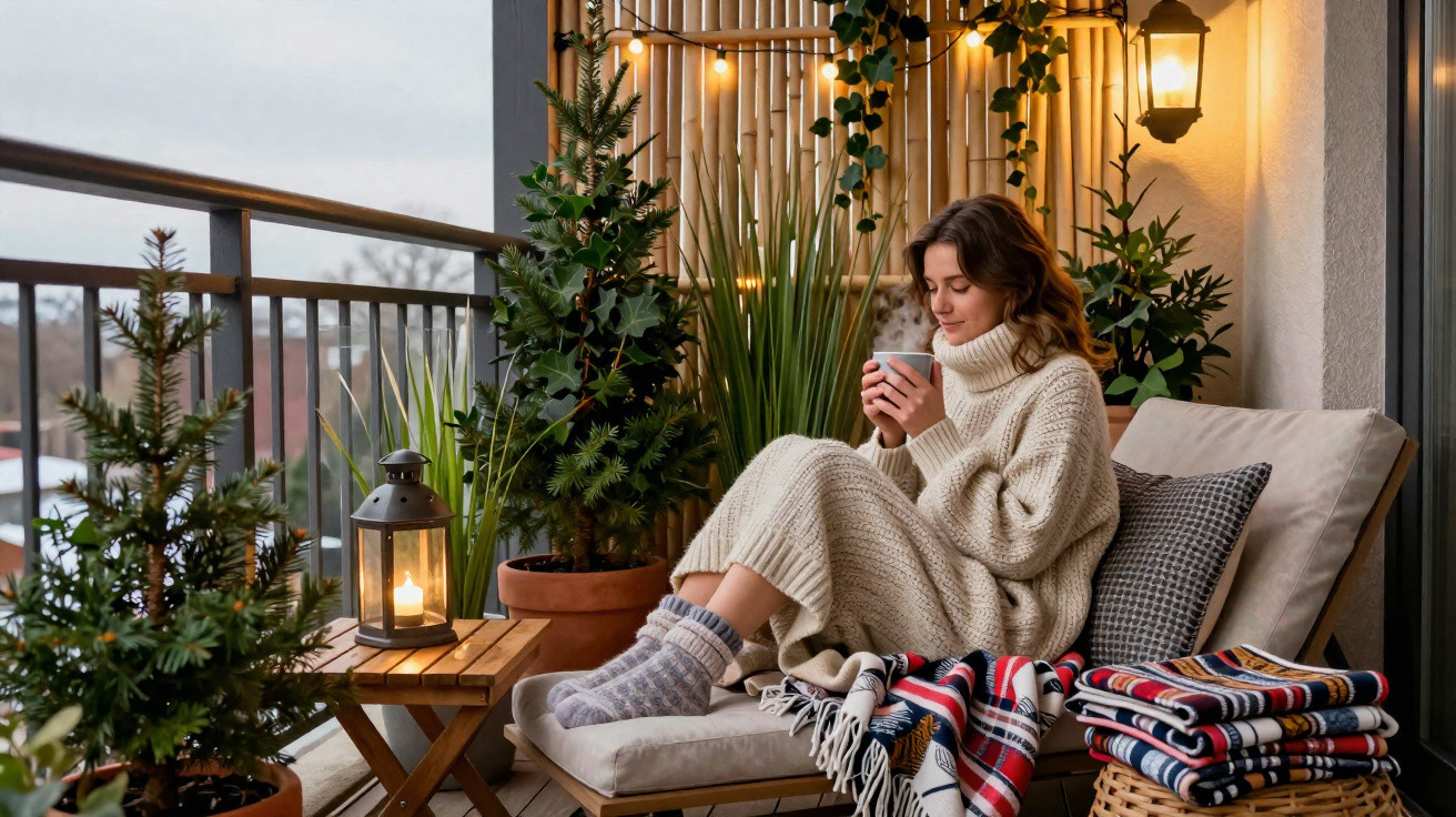 Mulher relaxa com suéter e meias em varanda decorada com plantas, luzes e lanterna, segurando uma caneca.