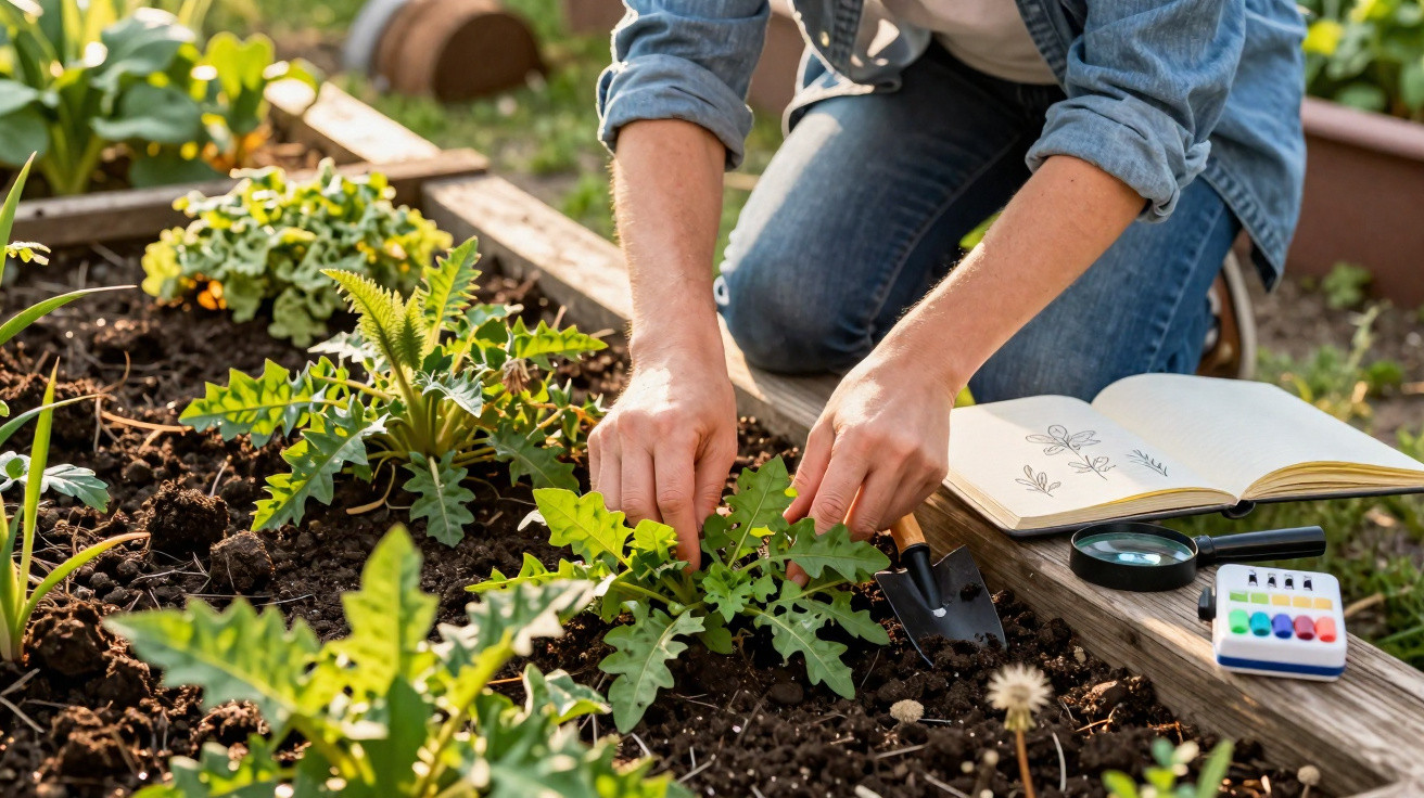 Pessoa cuidando de plantas em canteiro de jardim com ferramentas e livro de botânica aberto ao lado.