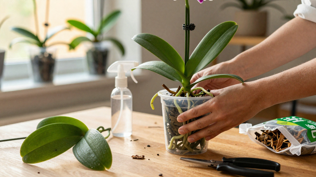 Pessoa transplantando orquídea em vaso transparente sobre mesa de madeira, com tesoura e pulverizador ao lado.
