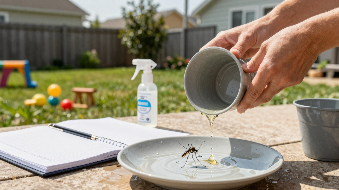 Pessoa despejando líquido em prato com mosquito, ao lado de caderno e frasco de inseticida em área externa.