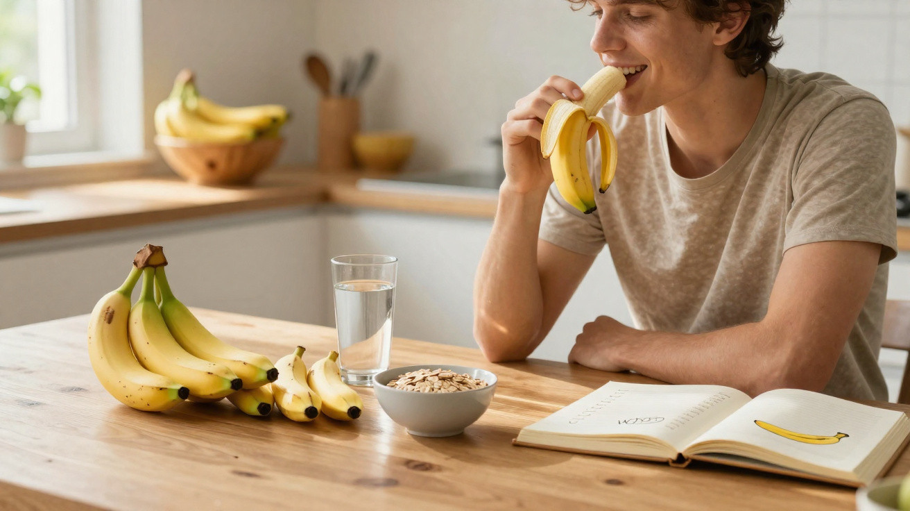 Jovem sentado à mesa comendo banana, ao lado de tigela de cereais, copo d'água e livro aberto com desenho de banana.