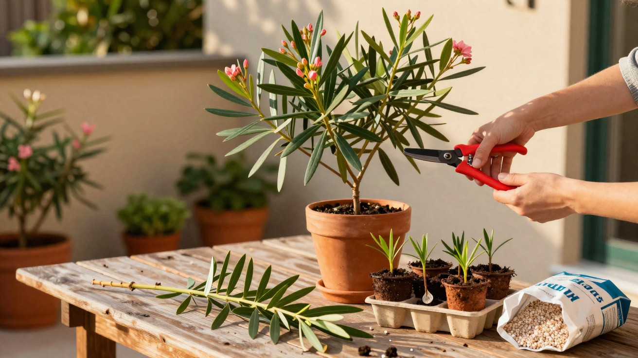 Pessoa podando planta em vaso com tesoura vermelha sobre mesa de madeira ao ar livre