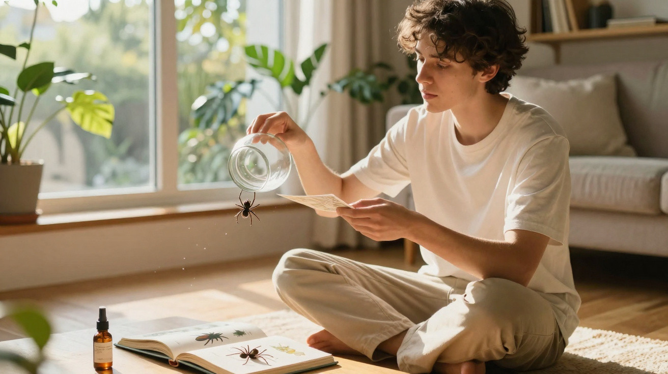 Jovem sentado no chão com copo e livro, soltando uma aranha em um ambiente iluminado e com plantas.