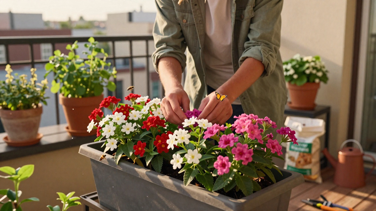 Pessoa cuidando de flores coloridas em vaso na varanda ensolarada de um apartamento.