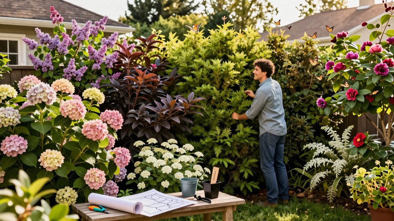 Homem cuidando do jardim cercado por flores coloridas e plantas variadas em um dia ensolarado.