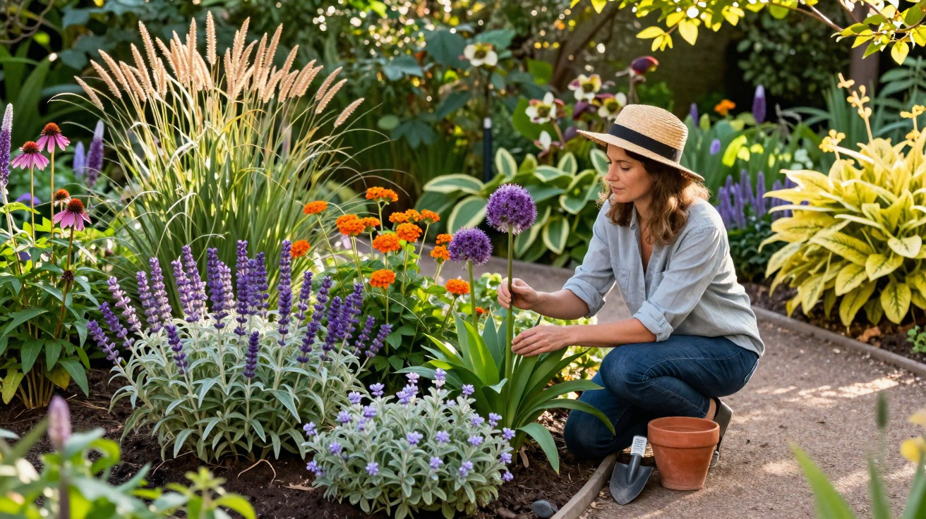 Mulher com chapéu cuidando de flores coloridas em jardim florido ao ar livre.