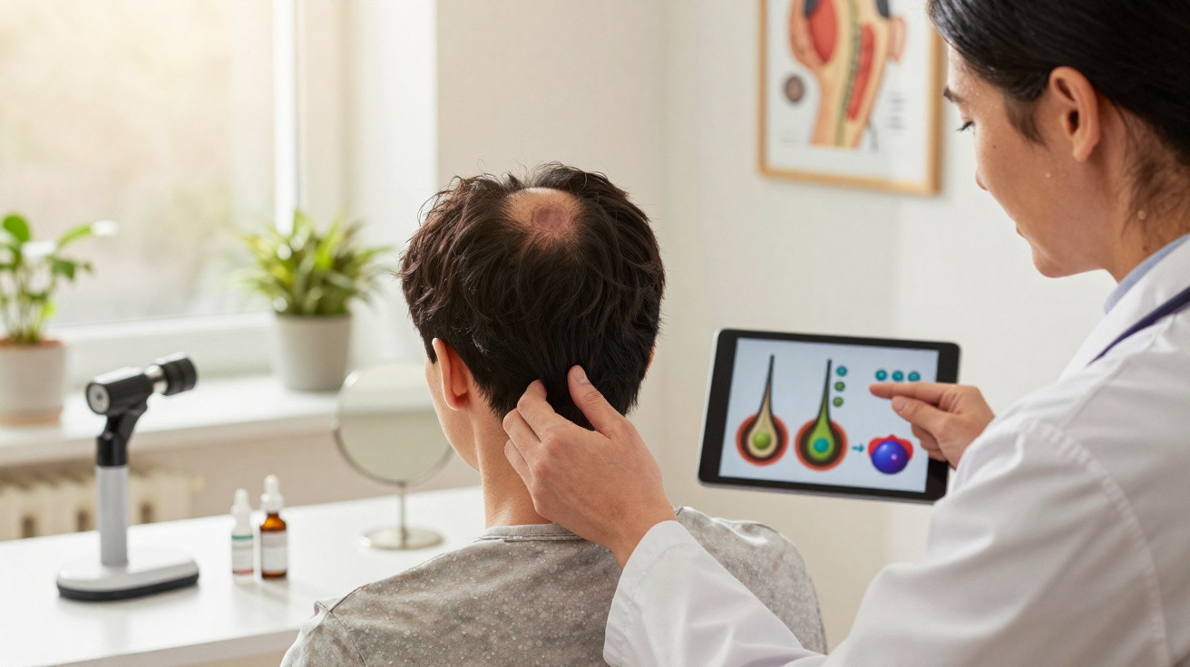Médica analisando paciente com calvície e mostrando imagens de folículos capilares em tablet na clínica.