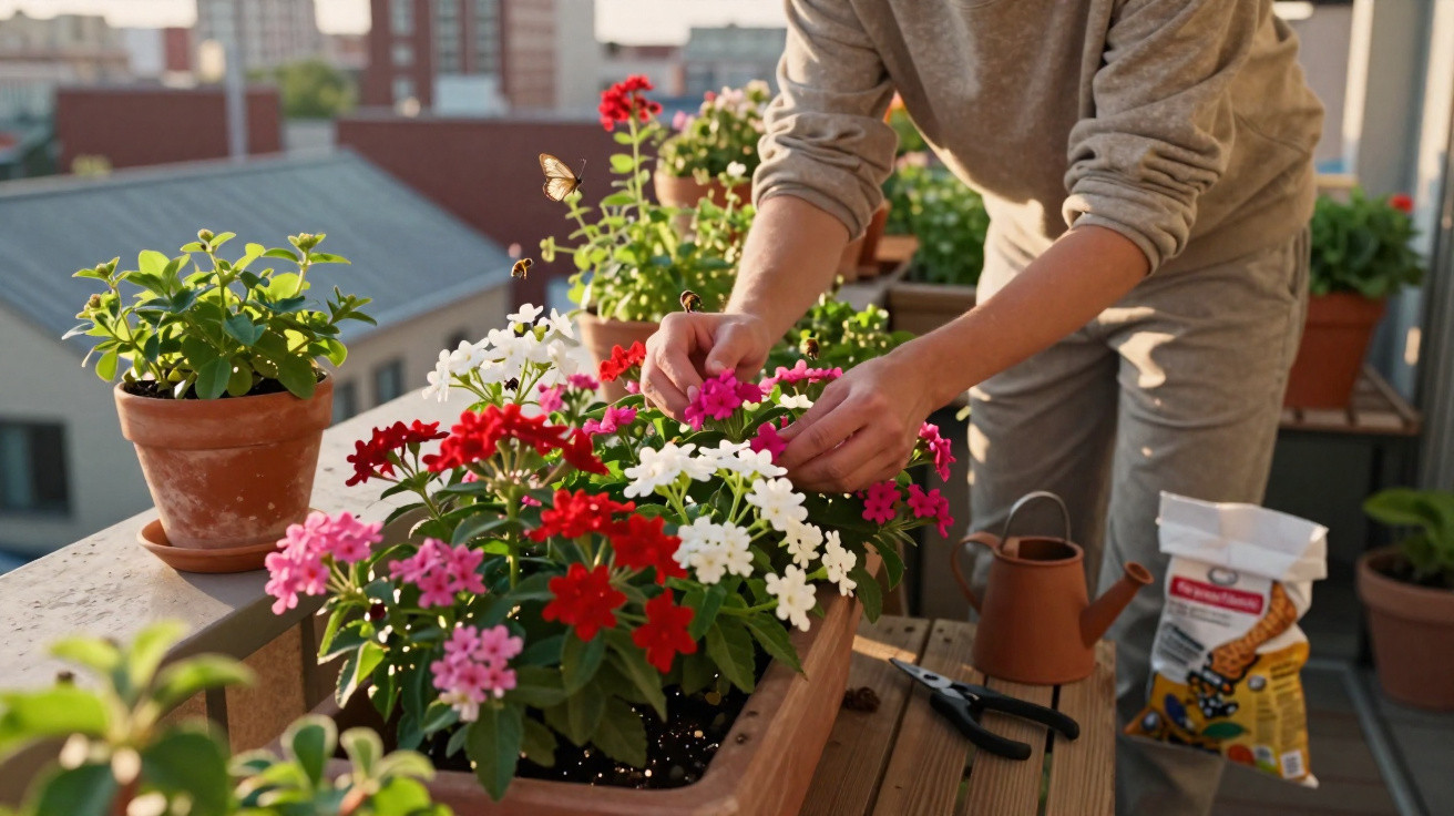 Pessoa cuidando de flores coloridas em vaso na varanda de apartamento ao entardecer.