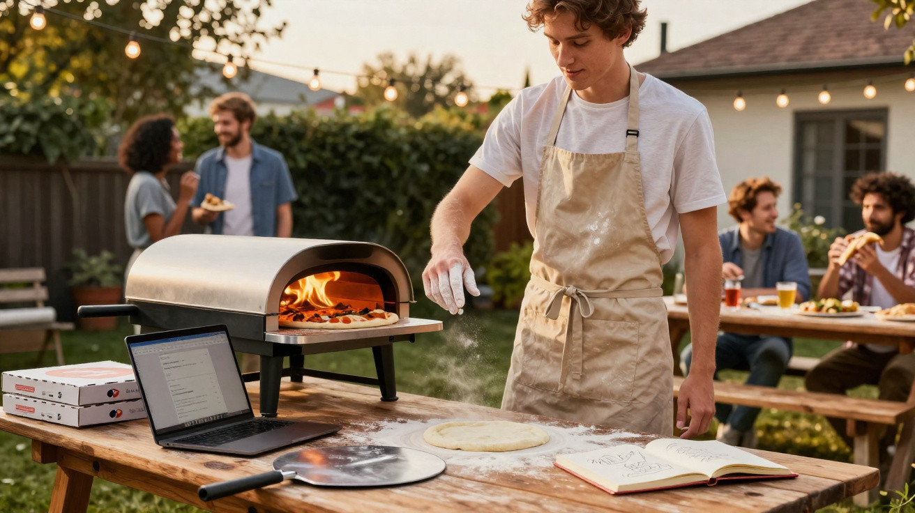 Jovem preparando pizza ao ar livre com forno a lenha enquanto amigos conversam ao fundo em um jardim.