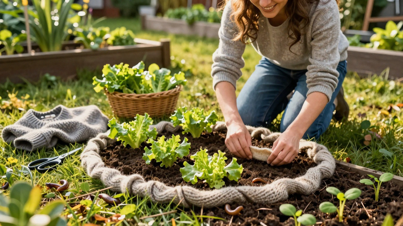 Mulher plantando alface em jardim suspenso feito com lã trançada, cercada por vegetação.
