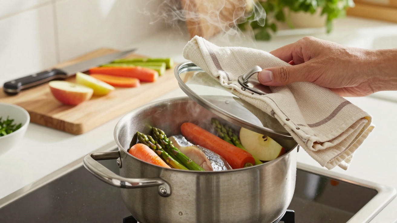 Panela com legumes e peixe sendo tampada por uma mão com pano, em fogão, com vapor saindo.