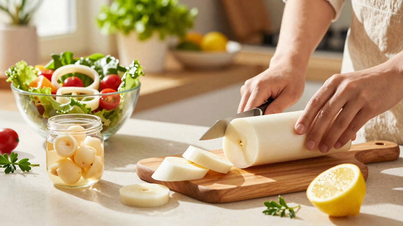 Pessoa cortando um nabo em rodelas sobre tábua de madeira com salada e limão na bancada.