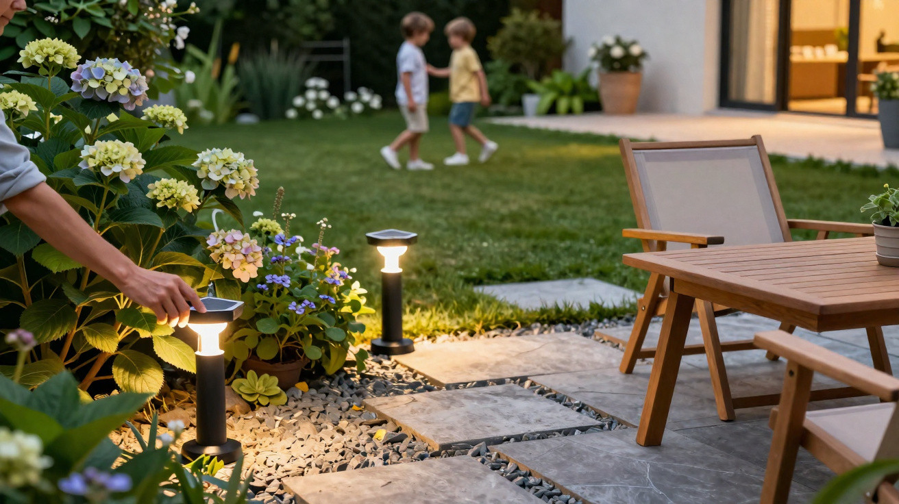 Jardim com iluminação artificial, flores, cadeiras de madeira e duas crianças caminhando na grama ao fundo.