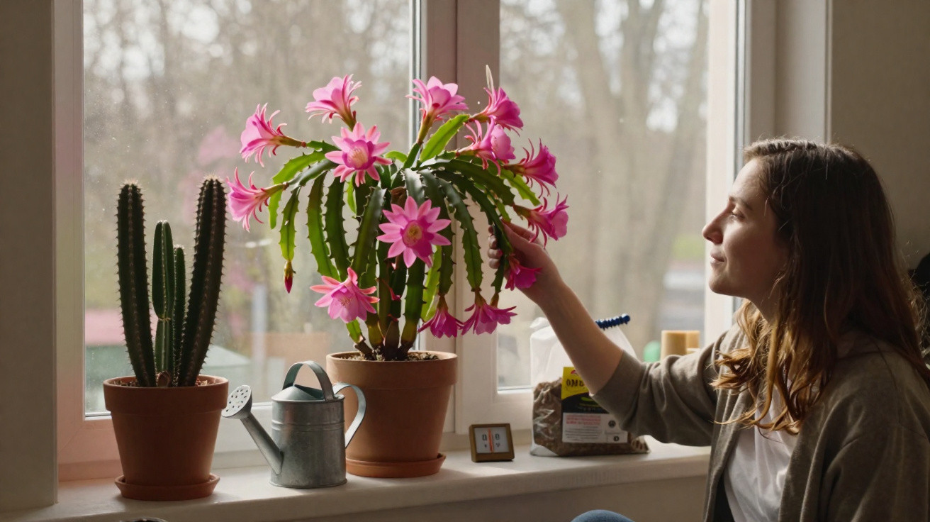 Mulher cuidando de planta florida rosa em vaso à beira da janela, ao lado de um cacto e regador.