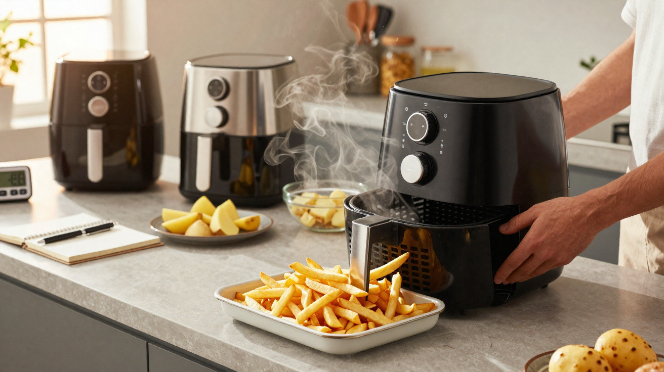 Pessoa retirando batatas fritas quentes e fumegantes de uma fritadeira elétrica preta na cozinha.