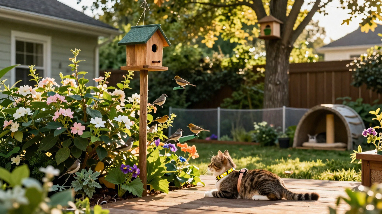 Gato de coleira observa pássaros perto de casa de passarinho em jardim com flores ao entardecer.