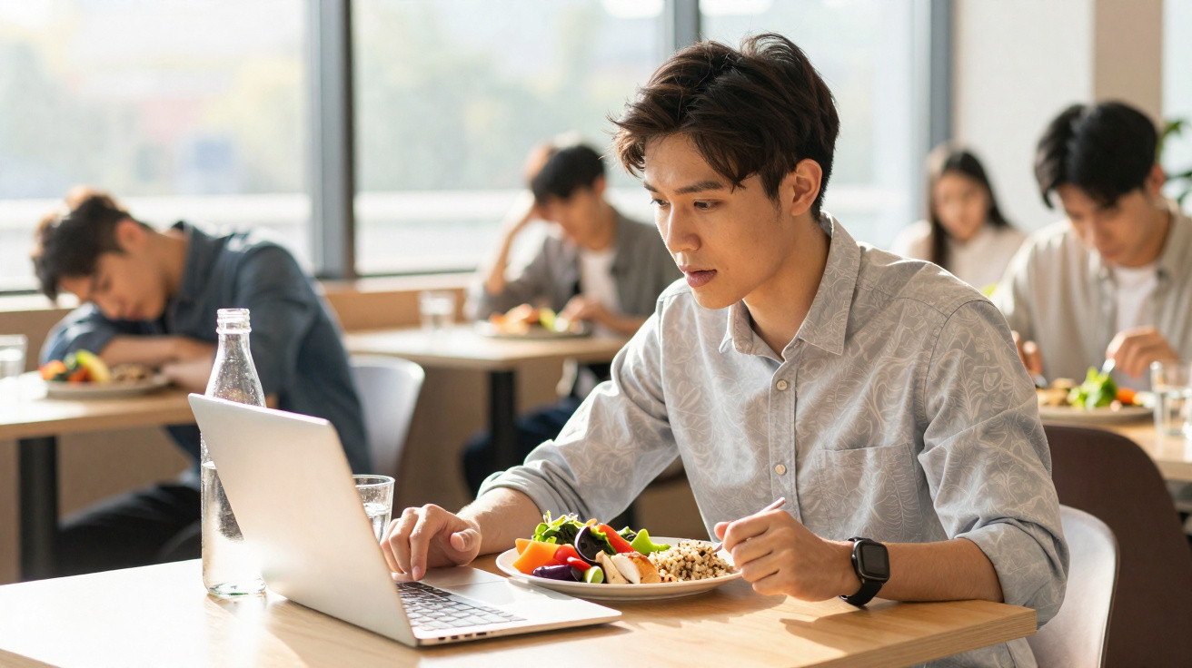 Jovem sentado comendo salada enquanto usa laptop em restaurante iluminado com outras pessoas ao fundo.