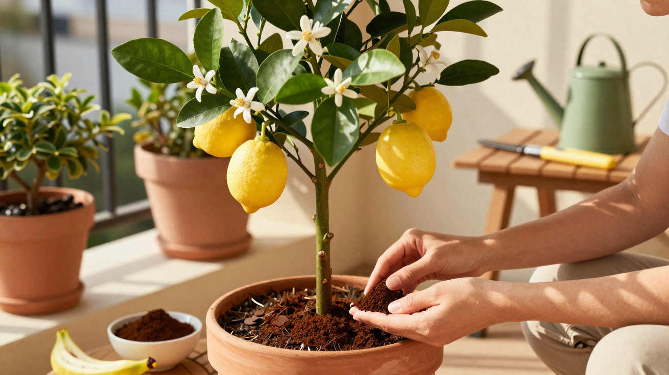 Pessoa cuidando de planta de limão em vaso com flores brancas em varanda ensolarada.