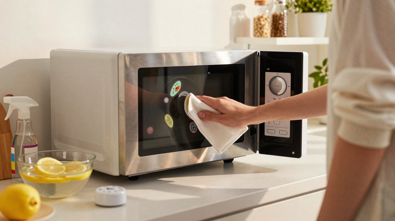 Pessoa limpando a porta de um micro-ondas de inox em cozinha iluminada com pano branco.