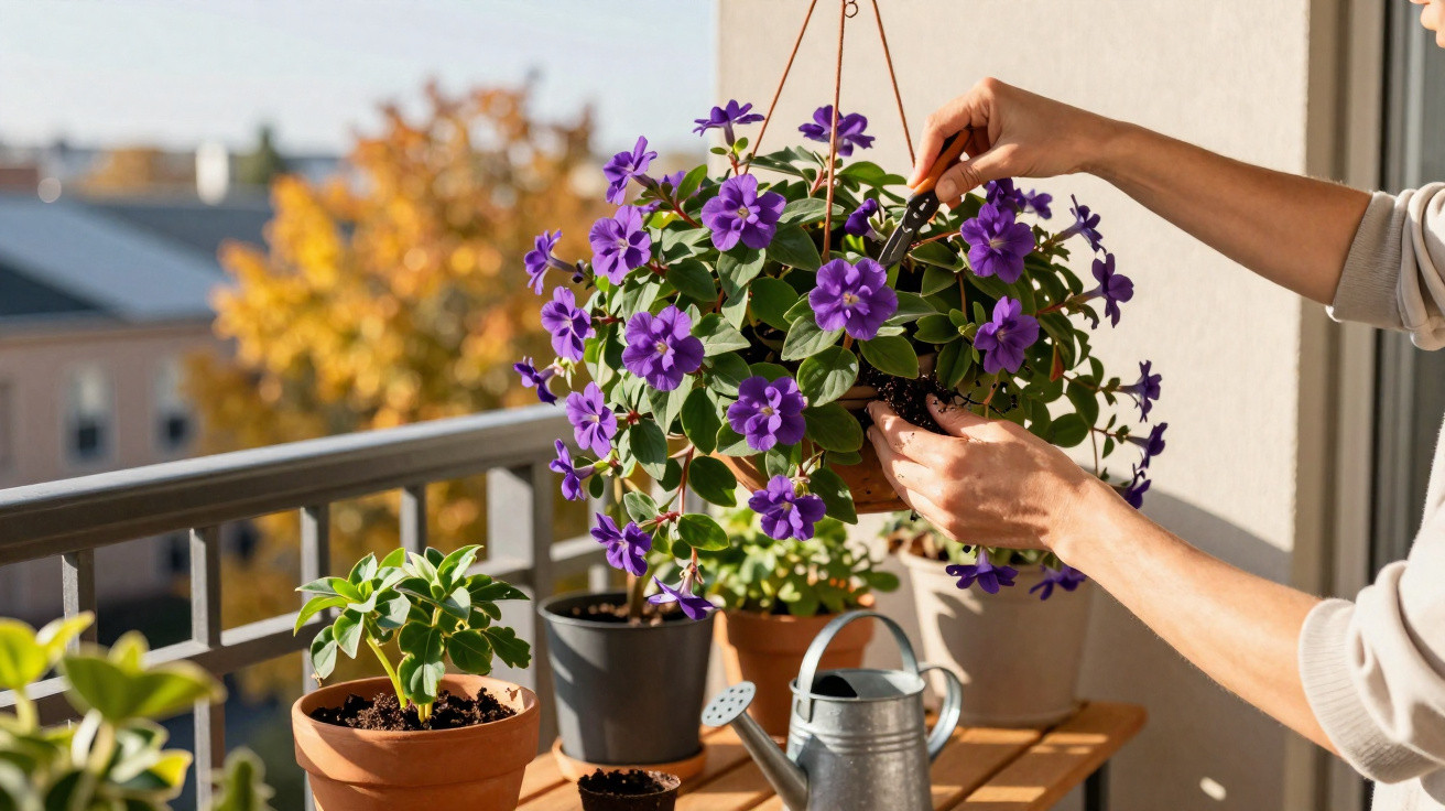 Pessoa cuidando de flores roxas em vaso suspenso em varanda ensolarada com outras plantas e regador.