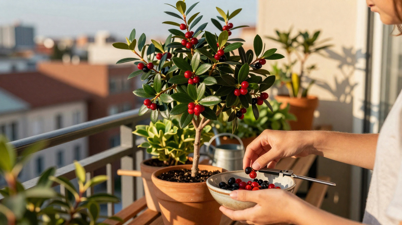 Mãos colhendo frutas vermelhas e pretas de arbusto em vaso em varanda ensolarada com outros vasos ao fundo.