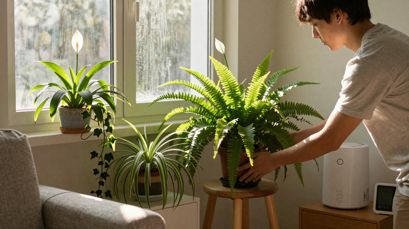 Pessoa cuidando de plantas verdes em vaso dentro de casa perto da janela iluminada pela luz natural.