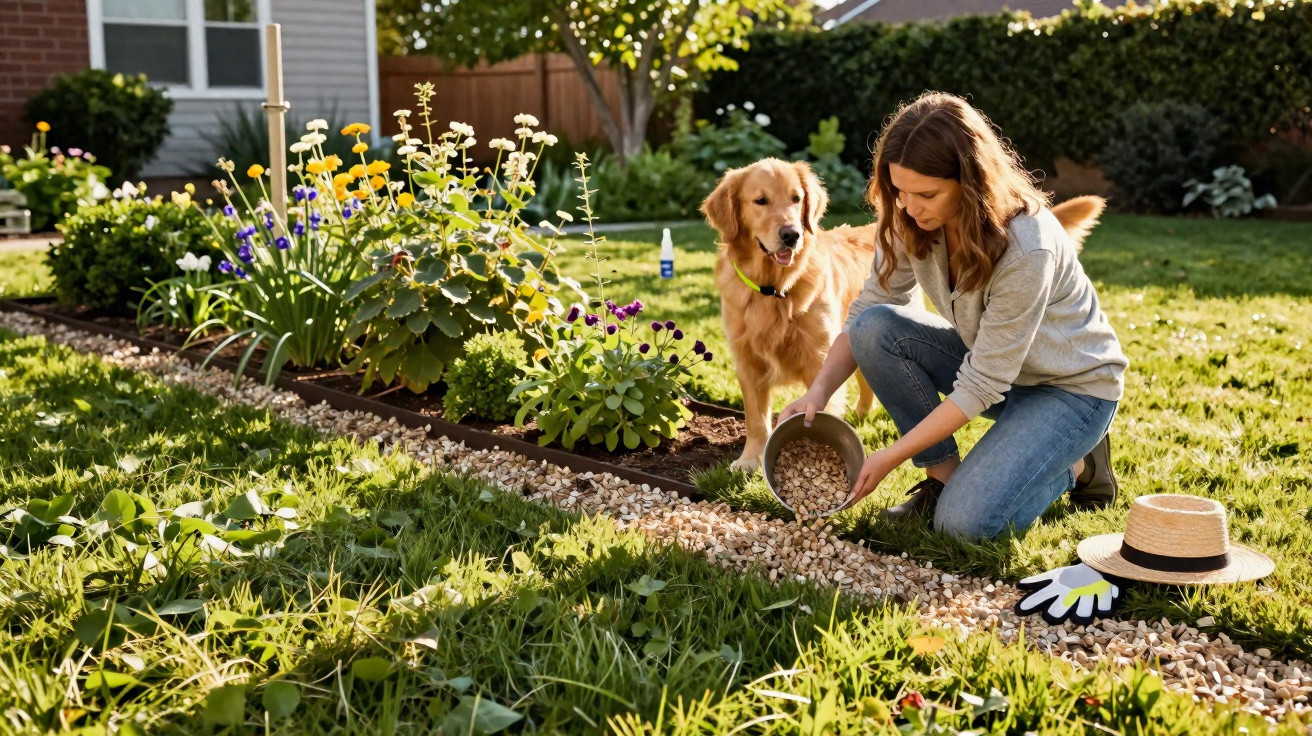 Mulher ajeitando pedras em jardim com cachorro dourado ao lado em dia ensolarado.