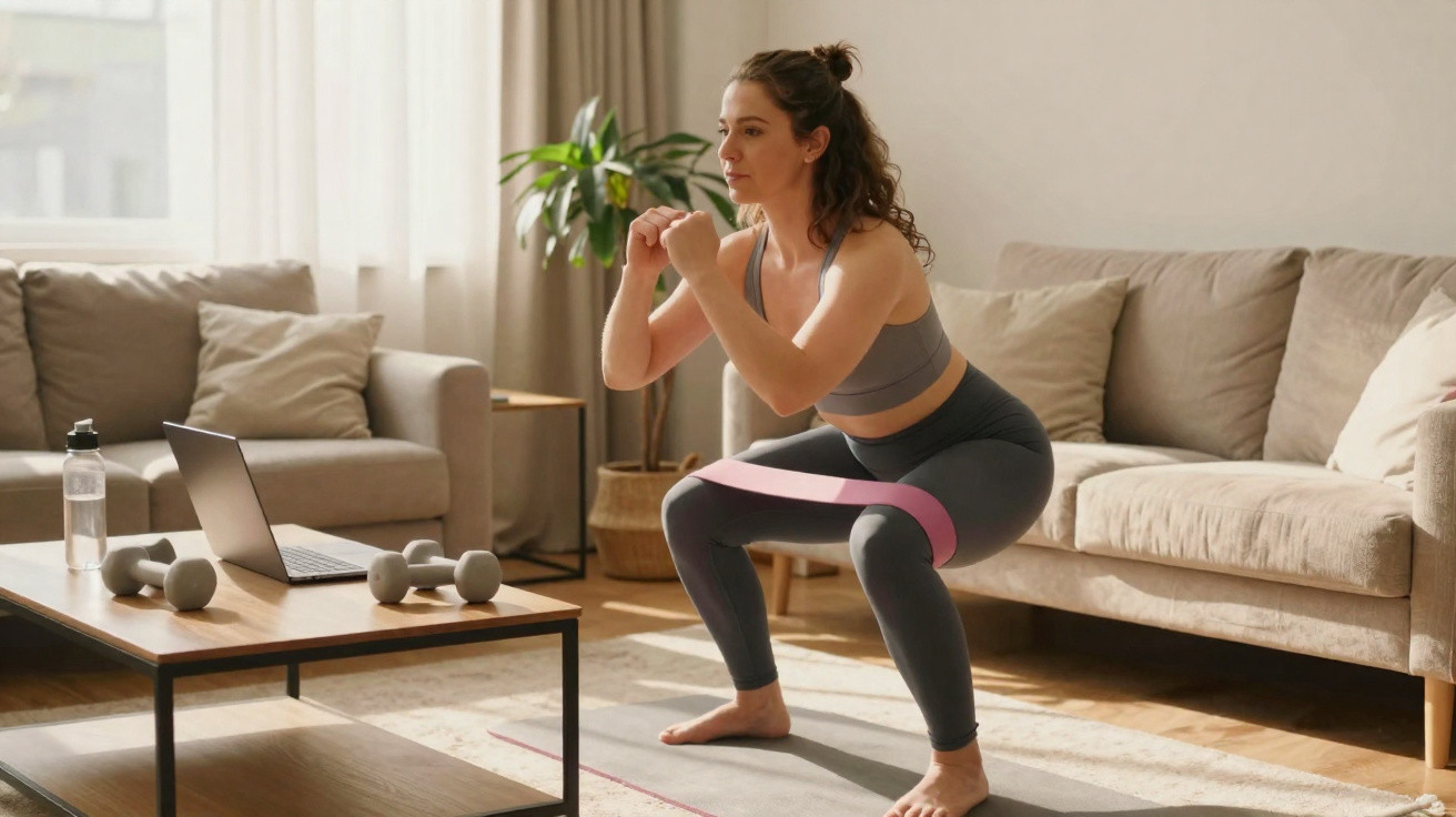 Mulher fazendo agachamento com faixa elástica enquanto assiste exercício no laptop na sala de estar.