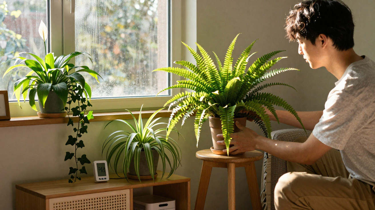 Jovem cuidando de planta em vaso próximo a janela com luz natural e outras plantas no móvel ao lado.