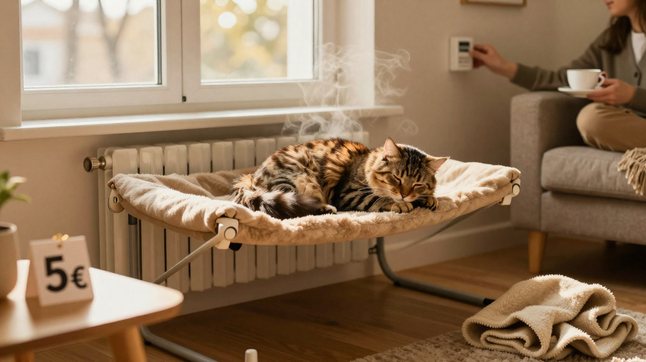 Gato dormindo em cama suspensa próxima a radiador ligado, com pessoa ajustando termostato e segurando xícara.